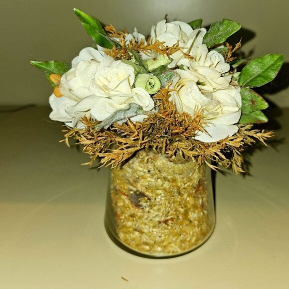 Floral Arrangement with White Roses and Leaves in Glass Vase - Picture 1 of 4